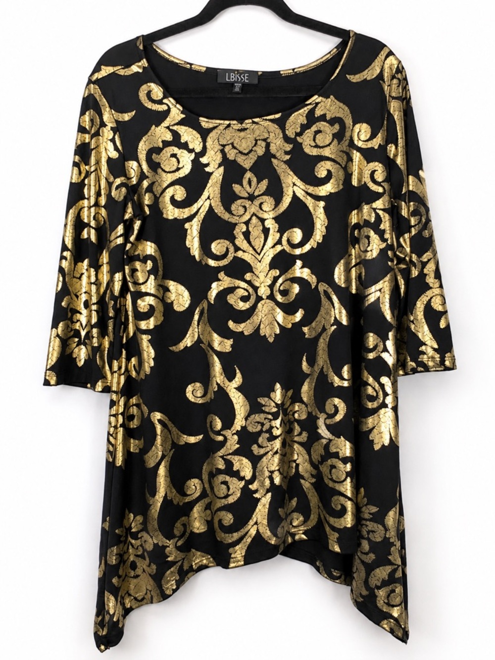 LBISSE Tunic Top XL Black Gold Baroque Metallic 3/4 Sleeve Handkerchief Hem - Picture 2 of 14